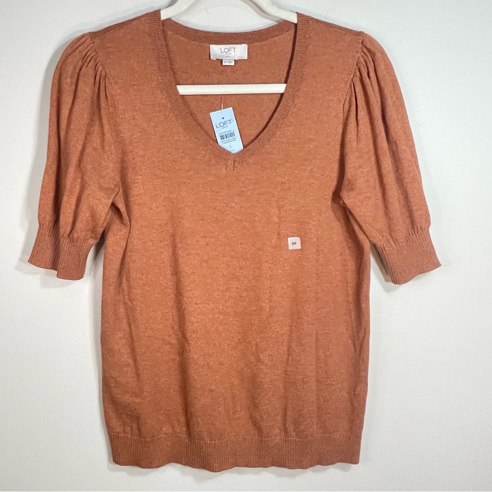 NWT Loft Brown V-Neck Short Sleeve Ribbed Hem Size Women Petite Small Retail $49